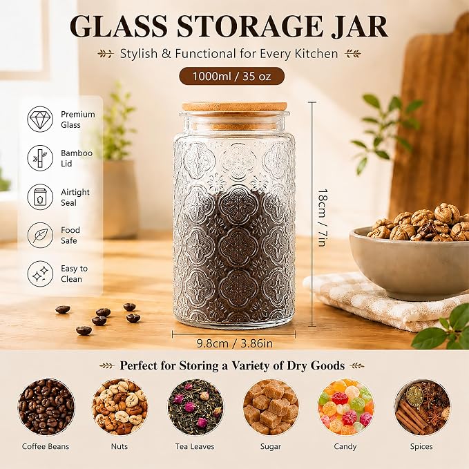 Glass Storage Jars With Airtight Lid, 35oz Canister For Kitchen Counter with Bamboo Lid, brown sugar, candy, coffee, cookie, salt, tea,pantry cute Jar (35oz Large Begonia Flowers) - Image 4