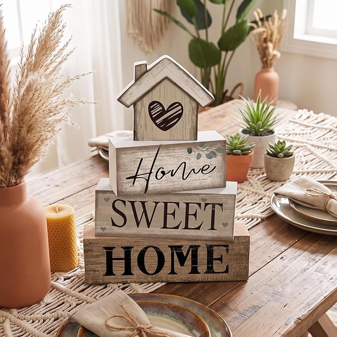 Moucuny 4 Pcs Farmhouse Table Decor Rustic Home Sweet Home Tiered Tray Decorations Retro Wooden House Shaped Block Signs Farmhouse Stacked Table Decoration for Housewarming Gifts Kitchen Mantle Shelf - Image 3