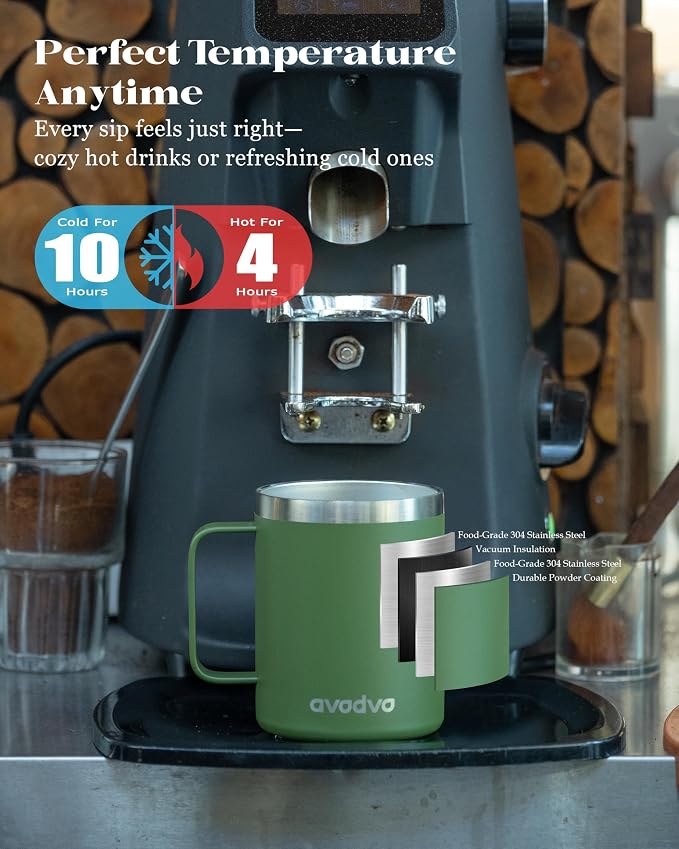 12oz Insulated Coffee Mug with Lid – Includes Two Lids, Stainless Steel Coffee Travel Mug with Handle, Double Wall Vacuum Insulated Camping Mug for Home, Office & Outdoor, Army Green - Image 2