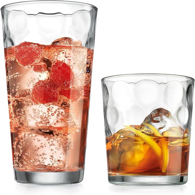 Home Essentials Drinking Glasses Set of 16, 8 Highball Glasses -17 oz., 8 Rocks Whiskey Glass Cups 13 oz., Inner Circular Lensed Glass Cups. by Glavers