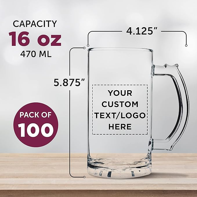 DISCOUNT PROMOS Custom Glass Beer Mug 16 oz. Set of 100, Personalized Bulk Pack - Great for Wedding Favors, Groomsmen Gifts, Birthday Gifts - Clear Bottom Color