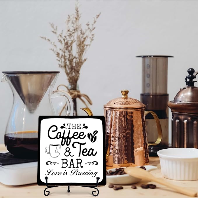 Coffee Bar Sign, Love is Brewing Farmhouse Tabletop Decor, Coffee and Tea Lover Gifts, 5x5 Wood Plaque with Iron Stand for Home Kitchen Cafe, Coffee Bar Decor – L06 - Image 7