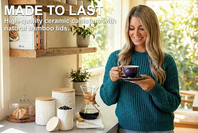 Engraved Design Kitchen Canisters Set of 3 with 74 Oz, 36 Oz, and 18 Oz - White Storage Jars for Countertop with Airtight Bamboo Lids - Large Flour Tea Coffee Sugar Spices Container - Decorative - Image 6
