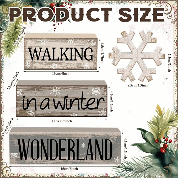 Moucuny 4 Pcs Christmas Table Decorations Wooden Snowflake Decor Winter Tiered Tray Decor Rustic Snow Signs Block Gift Farmhouse Christmas Centerpiece for Wonderland Party Kitchen Shelf Home - Image 3