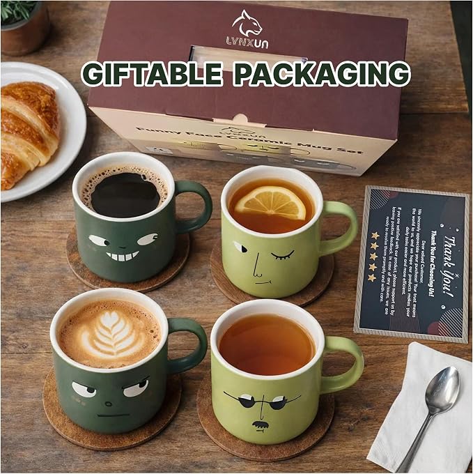 Funny Coffee Mugs Set of 4 - Large 13oz Ceramic Funny Face Mugs, Coffee Cups for Coffee, Tea & Latte, Birthday, Office & White Elephant Gift, Microwave & Dishwasher Safe - Image 7