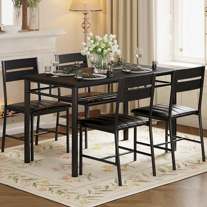 IRONCK Dining Table Set for 4, Black | Wood Kitchen Table with Upholstered Chairs for Kitchen Room and Small Spaces - Image 9