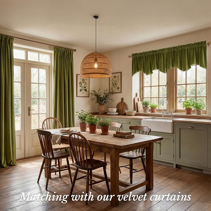 Olive Green Valance for Windows Home Decor 52x18 Inch 1 Panel | Muted Wavy Green Velvet Window Treatment, Privacy Rod Pocket Short Curtains for Kitchen, Living Room - Image 2