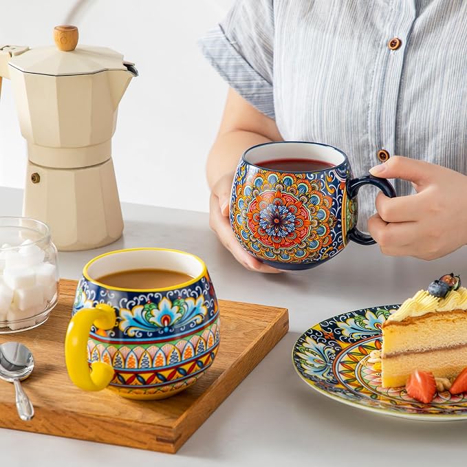 vancasso Coffee Mugs Set of 6, 18oz Ceramic Coffee Cups, Colorful | Porcelain Coffee Mugs for Cappuccino, Latte, Espresso, Bohemian Mugs with Handle for Daily Use, Microwave & Dishwasher Safe - Image 8