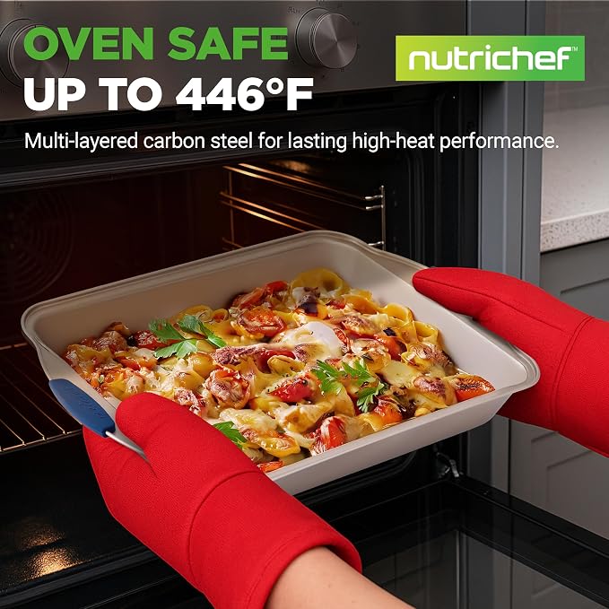 NutriChef 8-Piece Nonstick Bakeware Set - Heavy Duty Carbon Steel Baking Pans w/ Blue Silicone Handles - Pizza Crisper, Muffin & Loaf Pan, Round & Square Pans, Cookie Sheet - Champagne Gold - Image 2