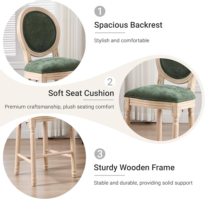 French Country Barstool, Linen Farmhouse Counter Height Chair | Set of 4, with Cushion Round Back and Solid Wood Legs, Oval Chairs for Restaurant, Bar, Kitchen, Café, Green - Image 4