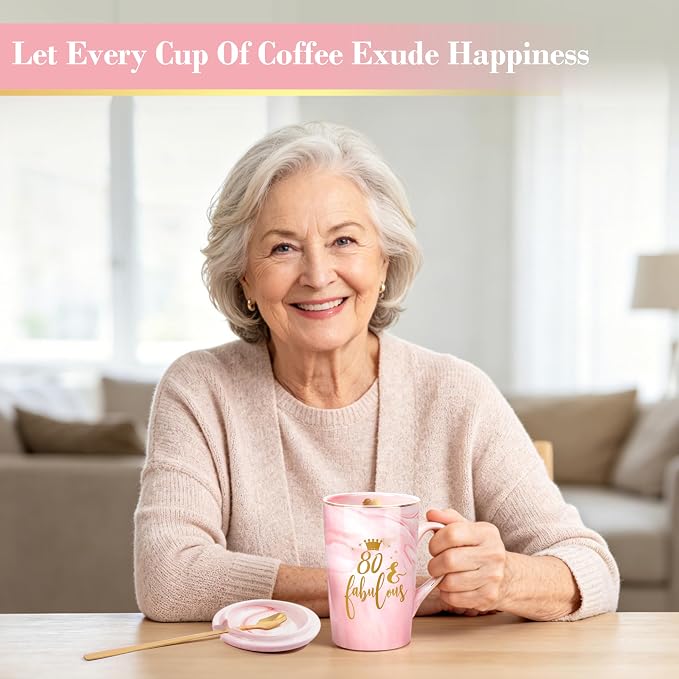 80th Birthday Gifts for Women, Best Gifts for 80 Year Old Grandma, Mom, Sister, Friend, Fabulous 80, 1946 Birthday Gifts for Women, 14oz Pink Marble Coffee Mug with Crown Gold Print & Gift Box - Image 7