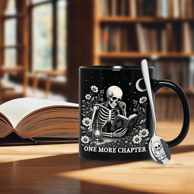 Hyturtle Funny Skeleton Reading Coffee Mug with Spoon Gifts for Book Lovers | Spooky Reading Themed Gifts for Readers, Halloween Decor, Premium double-sided print 11oz ceramic mug, Comfort grip handle - Image 5