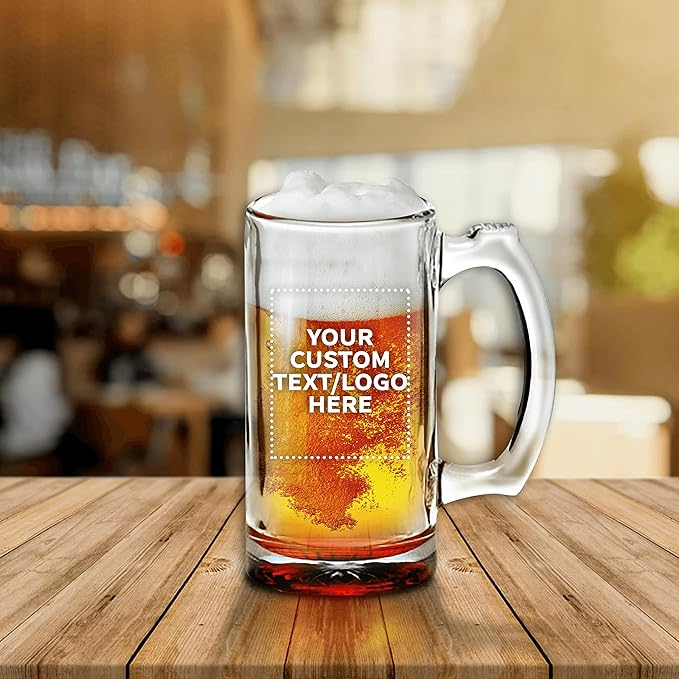 12 Libbey Beer Mugs Set, 12 oz. - Customizable Text, Logo - Groomsmen Glassware - Red