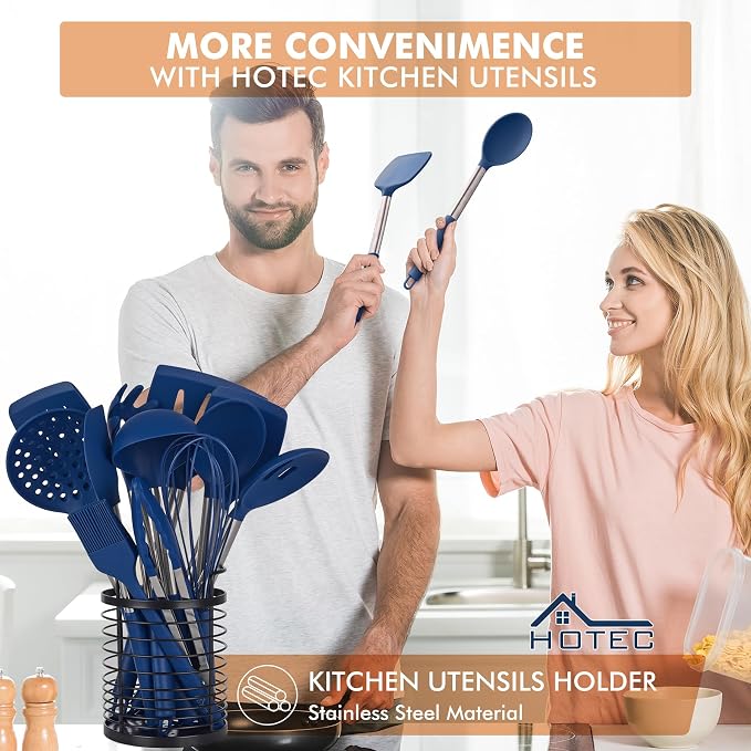 HOTEC 446°F Heat Resistant Silicone Kitchen Utensils, BPA Free Cooking Utensil Set, Spatula Set, Kitchen Gadgets, with Stainless Steel Utensils Holder, Dishwasher Safe, 14pcs Classic Blue - Image 3