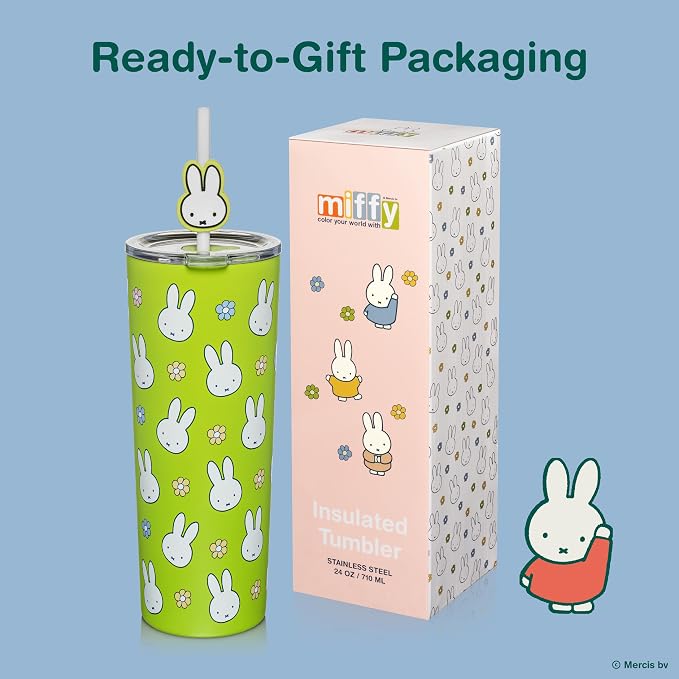 Dragon Glassware | Miffy Stainless Steel Tumbler with Straw, 24 oz - Green | Vacuum Insulated Stainless Steel Tumbler with Straw & Lid; Double Walled Tumbler with Straw Charm; Miffy Cup with Lid - Image 6