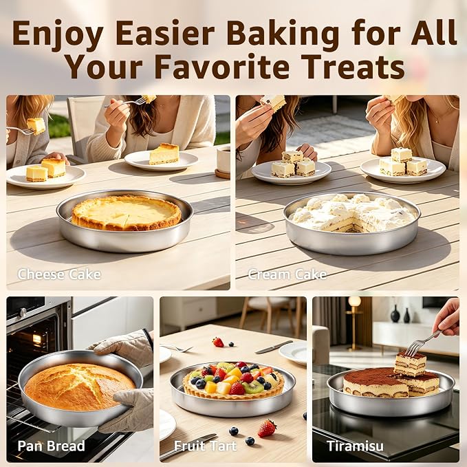 Inqibee 8 Inch Round Cake Pan Set of 2, Stainless Steel Textured Bottom | Tri-ply Stainless Steel, Rolled Rim Layer Cake Bakeware, Oven & Dishwasher Safe, Healthy Non-Toxic for Birthday Wedding Cake - Image 7