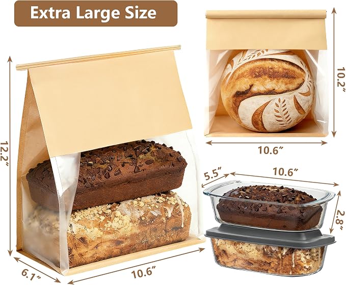 50 Pack Extra Large Paper Bread Bags for Homemade Bread Sourdough Bags, 12.2x10.6x6.1 Inches Resealable Tin Tie Tab Lock Bakery Loaf Bag with Window, Baked Goods Packaging for Gifting and Bake Sale - Image 2