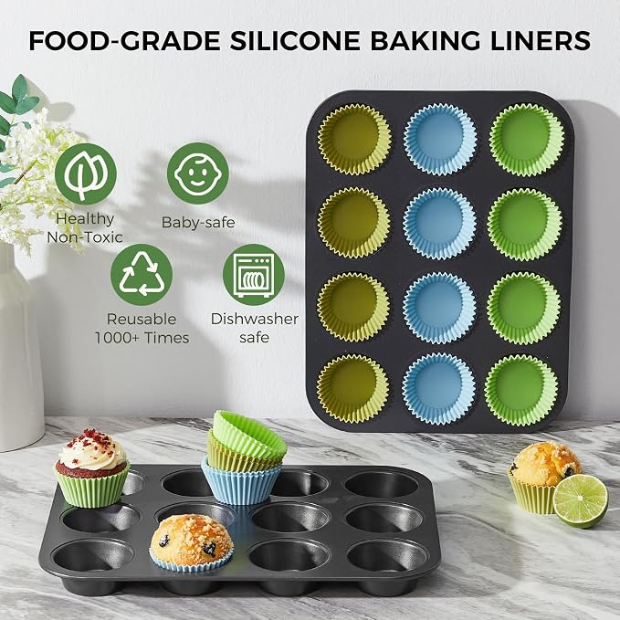 Non-Stick Muffin Pans, Cupcake Pan with Silicone Baking Cups, 2 Pack Non toxic Healthy Muffin tin, Heavy duty-Dark Grey - Image 2
