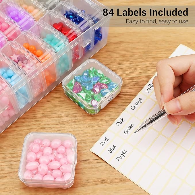 Bead Organizer Box with 84 Label Stickers, Clear Bead Storage Case with 30 Small Containers, Plastic Craft Organizer for Jewelry Making, Diamond Painting Drills, Small Parts, Seeds, Screws