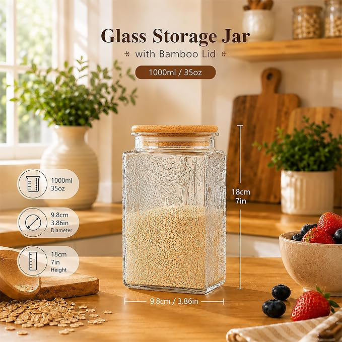 Glass Storage Jars With Airtight Lid, 35oz Canister For Kitchen Counter with Bamboo Lid, brown sugar, candy, coffee, cookie, salt, tea,pantry cute Jar (Large Square Sunflower) - Image 2