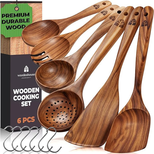 Wooden Spoons for Cooking – 6 Pcs Premium Teak Wooden Utensil Set | Durable, Nonstick Safe, Heat Resistant & Easy to Clean with Ergonomic Handles by Woodenhouse