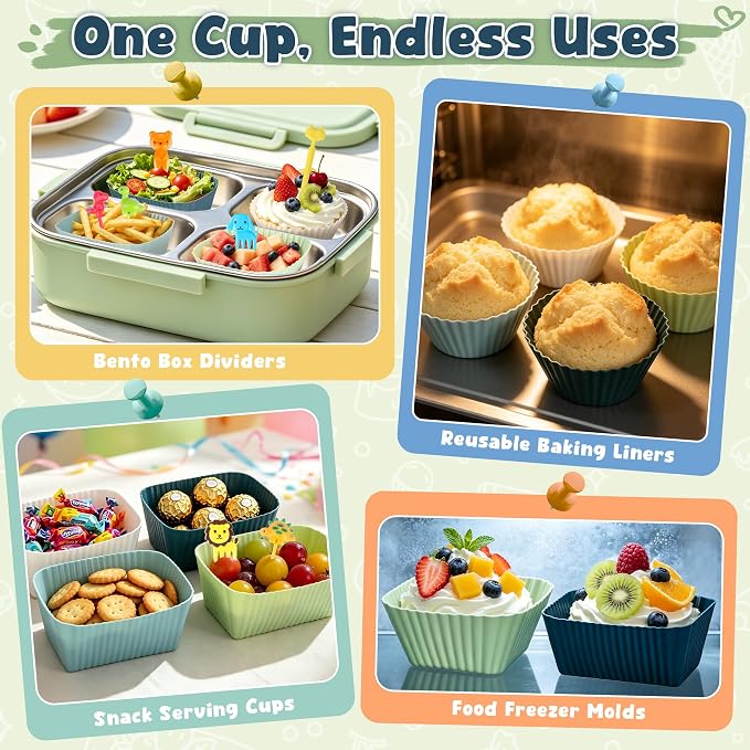 66PCS Silicone Lunch Box Dividers & Cute Animal Food Picks for Kids | 20 Reusable Silicone Cupcake Liners, Muffin Baking Cups, 46 Fruit Toothpicks, Lunchbox Bento Box Accessories Supplies - Image 7