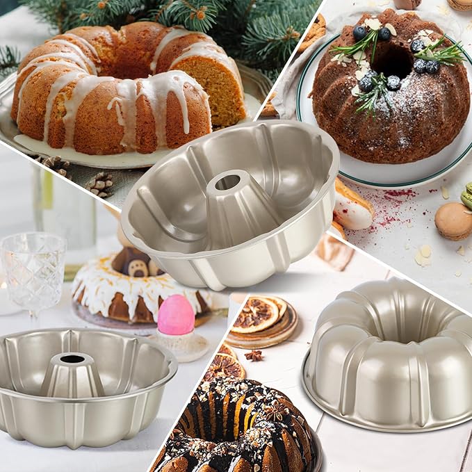 TeamFar 10 Inch Nonstick Cake Pan, 10 Cups Fluted Tube Cake Pan for Baking | Heavy Duty Carbon Steel Round Baking Tray for Making Jello/Monkey Bread/Chocoflan, Non Toxic, Easy Clean - Champagne Gold - Image 7