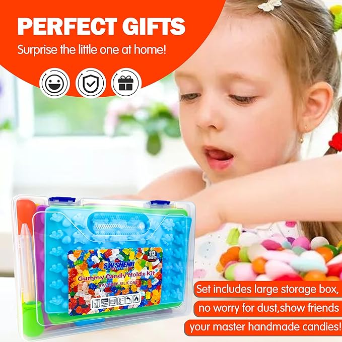 112PCS Mega Silicone Gummy Candy Molds Kit with 4 Droppers & 2 Brushes | BPA Free Non-Stick Molds 20 Shapes (Dinosaur/Donut/Fruit), Storage Box & 100 Wrappers