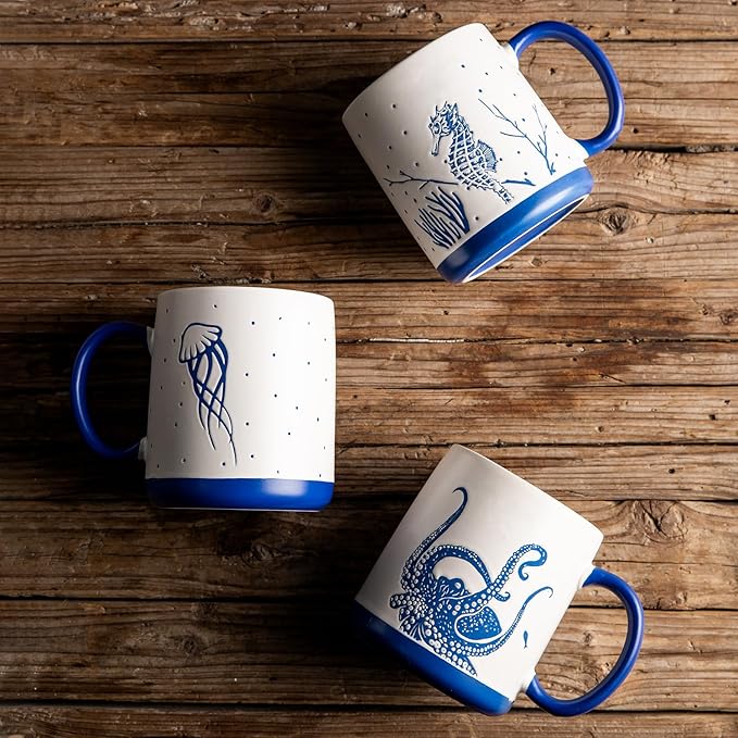 AmorArc Large Coffee Mugs Set of 6, 18oz Ceramic Coffee Cups with Sea Life Textured Patterns for Tea Latte Cocoa. Easy to Hold&Clean, Dishwasher&Microwave Safe, Matt White - Image 5