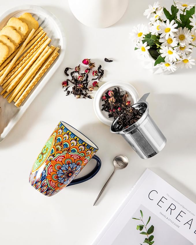 vancasso Ceramic Tea Mug with Infuser and Lid, 18 Ounce Bohemian Loose Leaf Cup, Microwave & Dishwasher Safe, Perfect for Tea, Coffee, Burnt-Cobalt Mandala - Image 5
