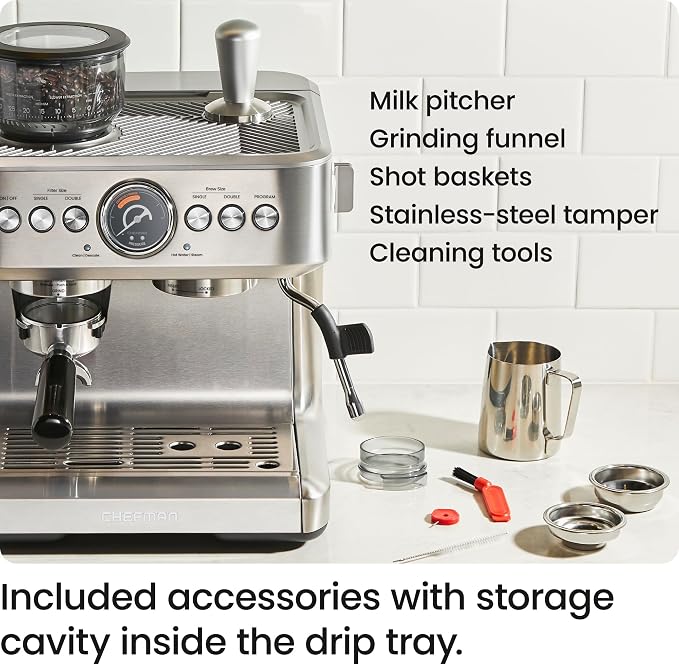 Chefman Crema Supreme 15 Bar Espresso Machine with Milk Frother, Barista Steam Wand, Professional Coffee Maker with Coffee Grinder, 30 Grind Settings, 3L Removable Water Tank - Stainless Steel - Image 8