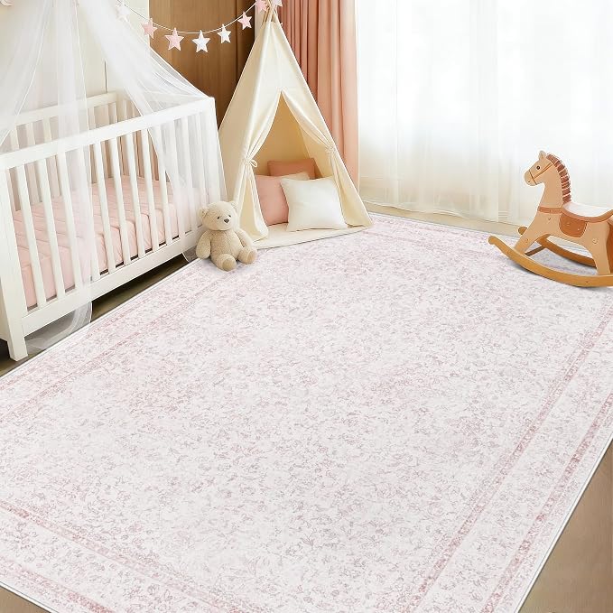 5x7 Area Rugs for Living Room: Washable Vintage Floral Rug Low Pile Non-Slip Boho Carpet for Nursery Bedroom Dining Room (Pink, 5'x7') by LOSBULAKE