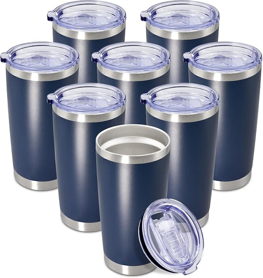 20oz Tumbler Insulated Coffee Tumblers with Lid Stainless Steel Navy 8P | 20 oz Tumblers Double Wall Insulated Vacuum 20oz Coffee Mug Leak Proof Tumblers with Lid Powder Coated - Navy 8 Pack by AEPDTD