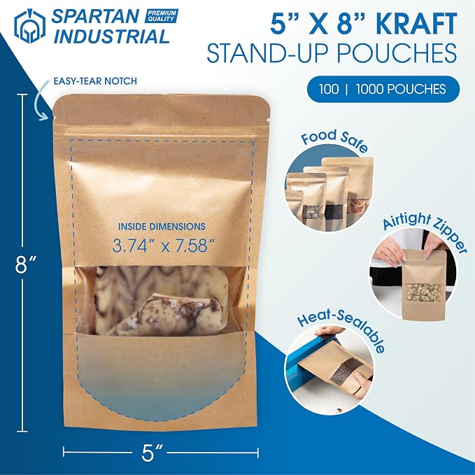 5" X 8" Kraft Zip Top Food Storage Bags - Pack of 100 | Smell-Proof Resealable Pouches for Packaging Coffee, Tea, Spices, Snacks, and More - Spartan Industrial - Image 2