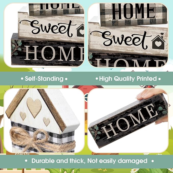 Moucuny 4 Pcs Farmhouse Table Decor Rustic Home Sweet Home Farmhouse Tiered Tray Decor Retro Wooden House Shaped Block Signs Housewarming Gifts Neutral Centerpiece for Kitchen Shelf - Image 3
