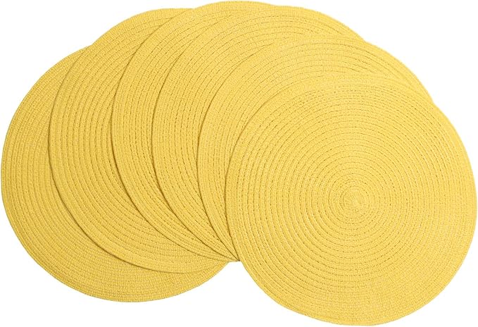 SHACOS Round Braided Placemats Set of 6 Kitchen Place Mats 15 inch Round Table Mats for Dining Tables Washable (Yellow, 6) by SHACOS