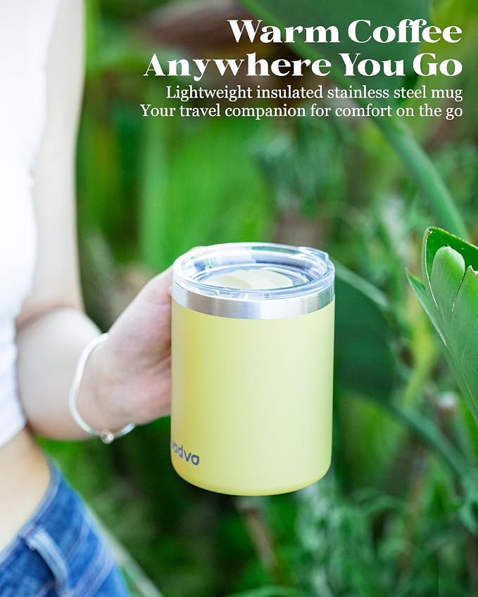 12oz Insulated Coffee Mug with Lid – Includes Two Lids, Stainless Steel Coffee Travel Mug with Handle, Double Wall Vacuum Insulated Camping Mug for Home, Office & Outdoor, Yellow - Image 9