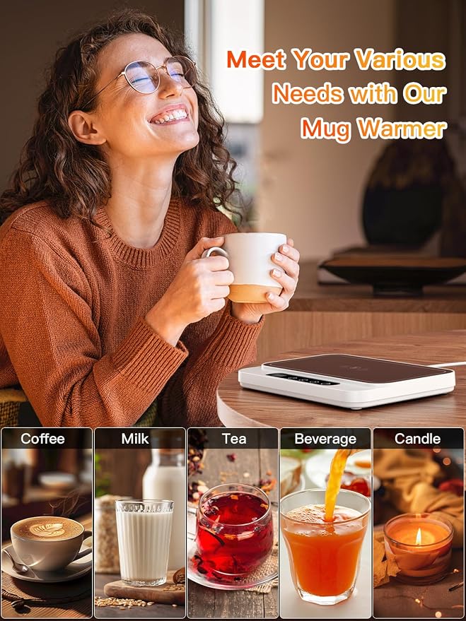 Misby Mug Warmer, 50W Large Heating Panel Coffee Mug Warmer with 6-Temp Settings, 8H Auto Shut-Off, 12H Timer, Ultra-Thin Design, Coffee Cup Warmer for Desk, Ideal for Home, Office, Travel (White) - Image 7