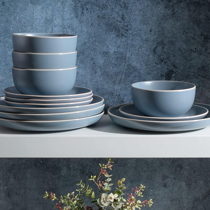 Gibson Home Rockaway 12-Piece Round Stoneware Dinnerware Set, Service for 4 – Blue Plates and Bowls, Microwave & Dishwasher Safe - Image 4