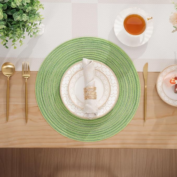 SHACOS Round Placemats Set of 6 for Dining Tables 15 inch Cotton Braided Placemats Washable Reversible for Kitchen Holiday Party (Mixed Color Pea Green, 6) - Image 9