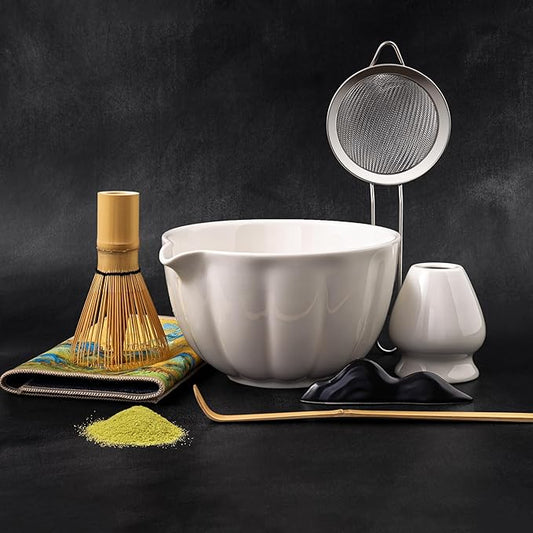Matcha Whisk Set – 7 Pcs Japanese Matcha Kit, Bowl (Chawan) with Spout, Bamboo Whisk (Chasen) & Holder, Scoop (Chashaku), Sifter, Tea Towel – Perfect for Matcha Lovers & Tea Ceremony (White)