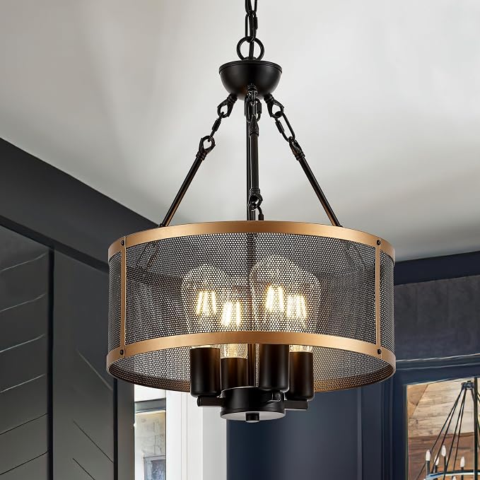 Modern 14" Small Black Gold Mesh Drum Chandelier for Dining Room Industrial Retro Semi Flush Mount 4-Light Round Ceiling Light Fixture for Kitchen Bedroom Living Room Hallway Entryway Foyer by ProfessionalLightingFixturesManufacturer