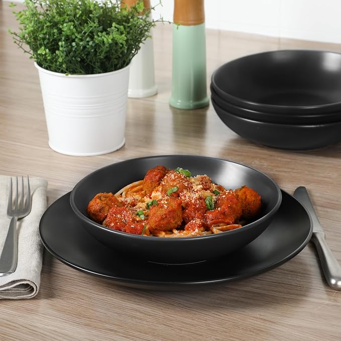 Gibson Home Queenslane 16-Piece Matte Black Stoneware Dinnerware Set – Double Bowl Plates and Bowls, Durable Kitchen Dinner Set - Image 5