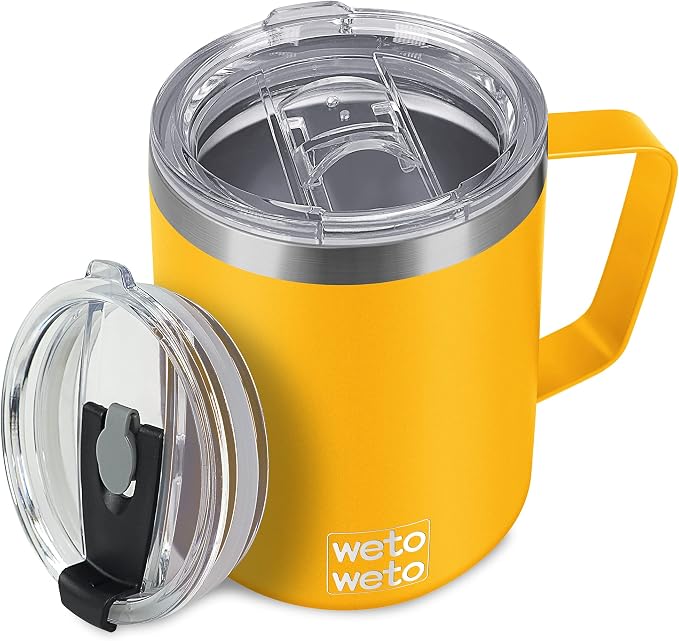 WETOWETO 14 oz Coffee Mug, Vacuum Insulated Camping Mug with Lid, Double Wall Stainless Steel Travel Tumbler Cup, Coffee Mugs Outdoor, Powder Coated Alpine Yellow by Wetoweto