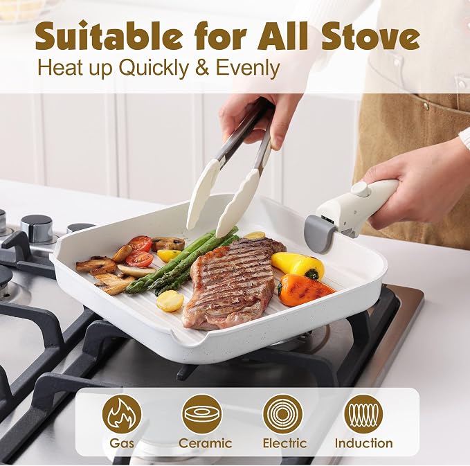 SENSARTE 17 Piece Nonstick Detachable Handle Pots and Pans Set White | Removable Handle Cookware Set, Induction Cookware Set with Removable Handle, Healthy Non Stick for RV, Dishwasher ＆ Oven Safe - Image 6