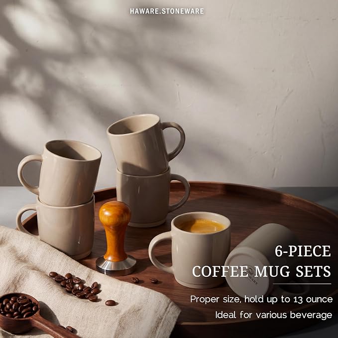 HaWare 13OZ Coffee Mugs Set of 6, Stoneware Coffee Cups, Ceramic Latte Mug for Man, Woman, Dad, Mom, Modern Tea Mugs for Latte/Cappuccino/Cocoa/Milk, Dishwasher& Microwave Safe, Speckled Cream Coffee - Image 3