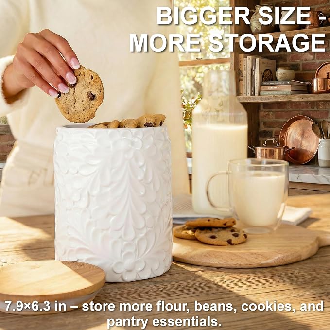 XXL 94 Oz Engraved Ceramic Kitchen Canister - Storage Jars with Airtight Lids Made from Bamboo with Nature-Inspired Engraving - Use as a Pasta Holder, Coffee Ground Holder, Rice Container, Candy Jar - Image 3