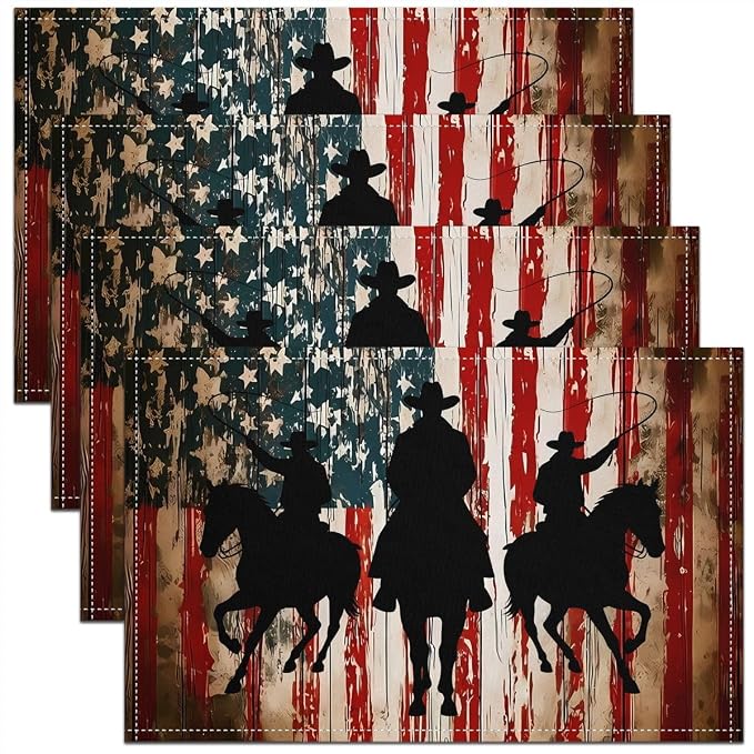 Feelyou Vintage Cowboy Placemats Set of 4 American Flag Table Mats for Party Kitchen Dining Decoration Western Patriotic Place Mat for Table Holiday Decor Indoor Outdoor 18"x12" Non-Slip Easy to Clean by Feelyou