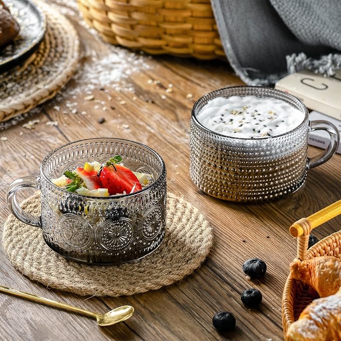 Gezzeny Vintage Glass Coffee Mugs 14 Oz Set of 2 Gray Embossed Tea Cups for Cappuccino, Latte,Cereal, Yogurt, Beverage Hot/Cold Mother's Father's Day Gifts - Image 4