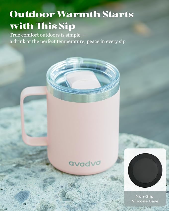 12oz Insulated Coffee Mug with Lid – Includes Two Lids, Stainless Steel Coffee Travel Mug with Handle, Double Wall Vacuum Insulated Camping Mug for Home, Office & Outdoor, Light Pink - Image 6
